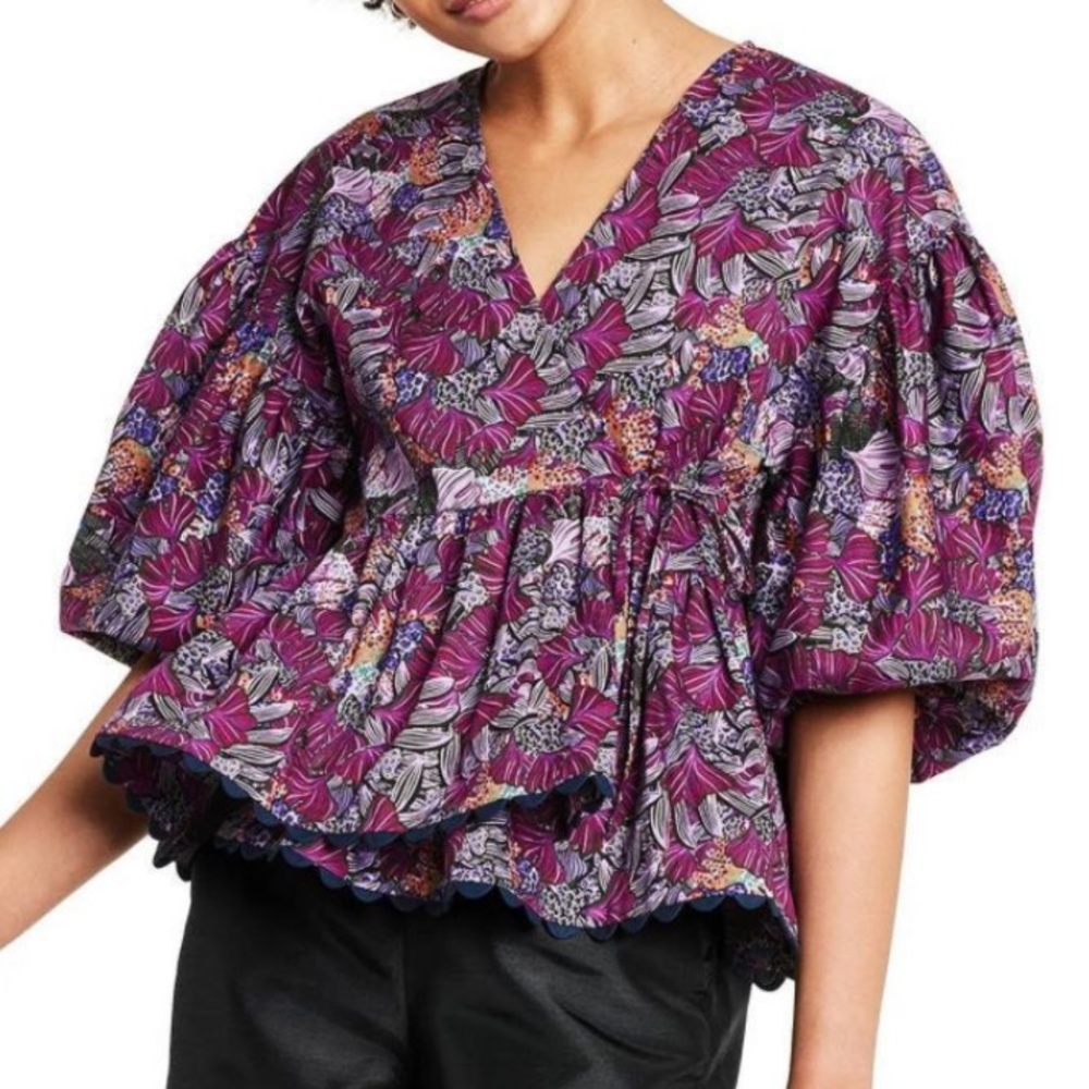 Kika Vargas Purple Floral Puff Sleeve Blouse - Preloved